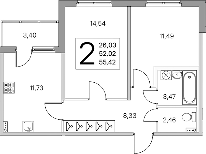 2-комнатная квартира 53.72 м², 1/4 эт., ЖК «Любоград в Стрельне»